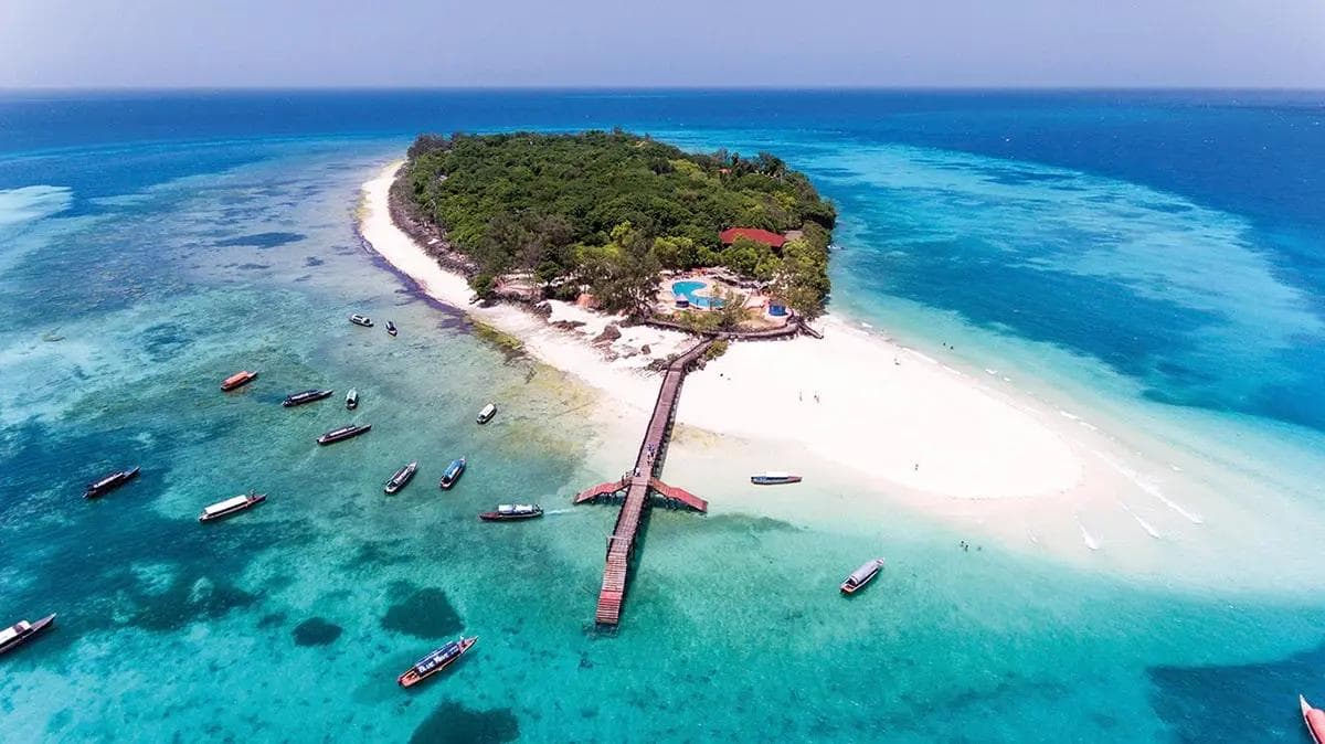 Aerial view of a small forested Zanzibar island with a white sand beach and wooden jetty