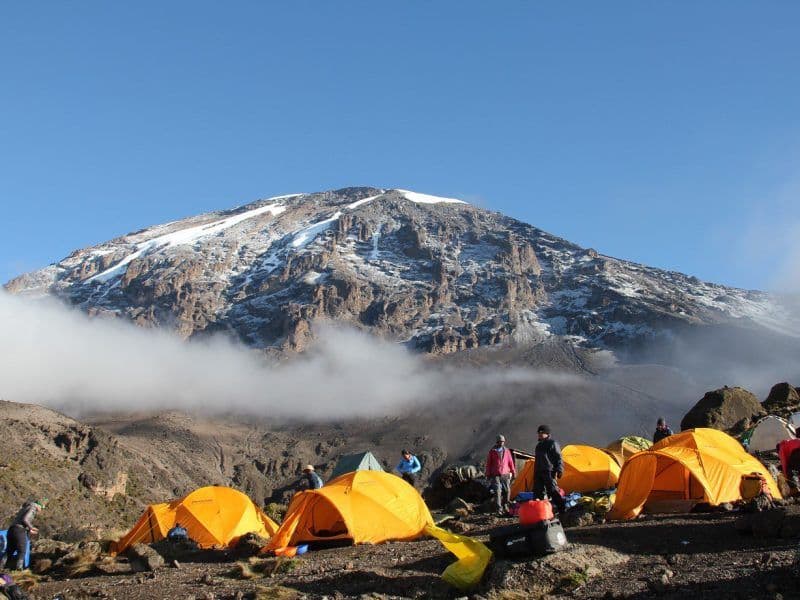 Kilimanjaro camp with tents below the summit